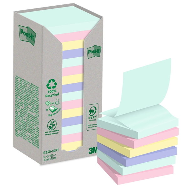 Cf. 16pz blocco 100 fg. Post-it(R)Z-Notes Green 76x76mm R330-1RPT colori pastello
