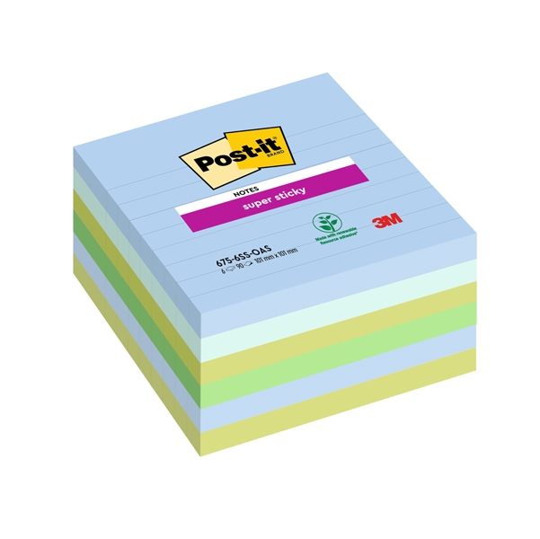 Cf. 6pz blocco 90fg. Post-it(R) Super Sticky 100x100mm righe Oasis 675-6SS-OAS
