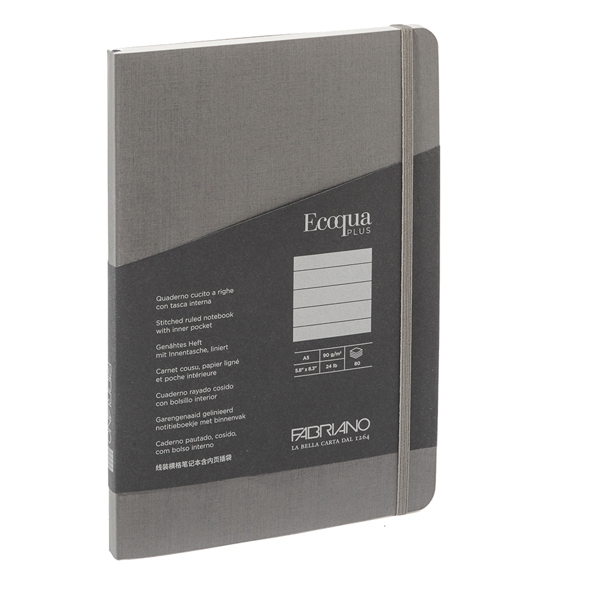 Taccuino c/elastico EcoQua Plus cucito f.to A5 80 fg. righe antracite Fabriano