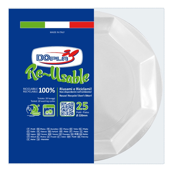 25 Piatti fondi diam.220mm in PS Reuse bianco Dopla