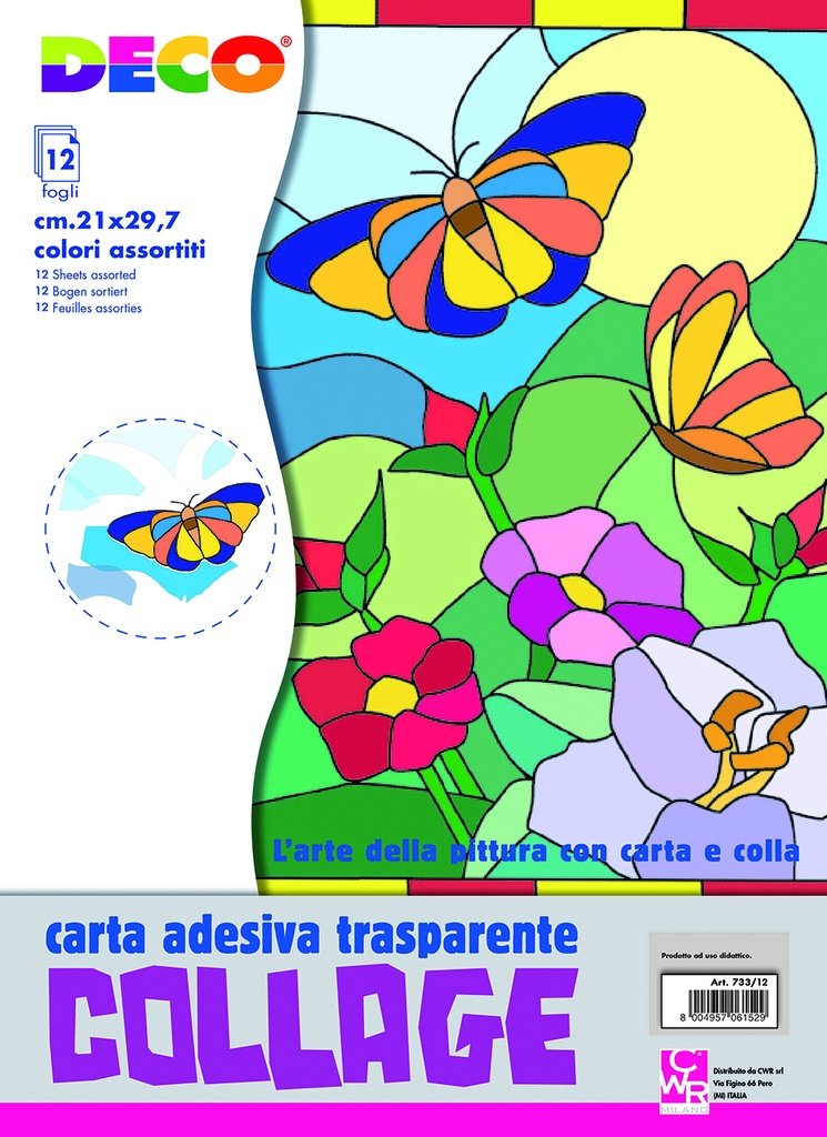 CARTA COLLAGE TRASP. ADESIVA - BUSTA 12 FOGLI A4 - COL. ASS.