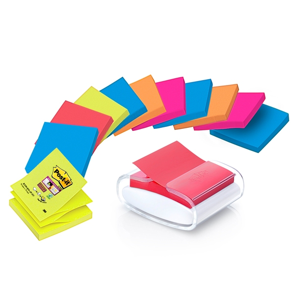 DISPENSER PRO +12 ricarche Post-it(R) Super Sticky Z-Notes colori ass. 76x76mm