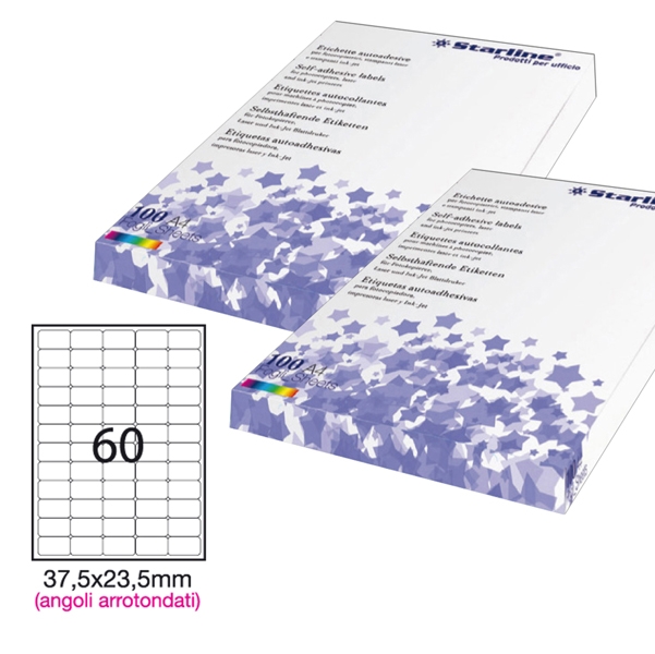 Etichetta adesiva bianca 100fg A4 37,5x23,5mm (60et/fg) angoli tondi STARLINE
