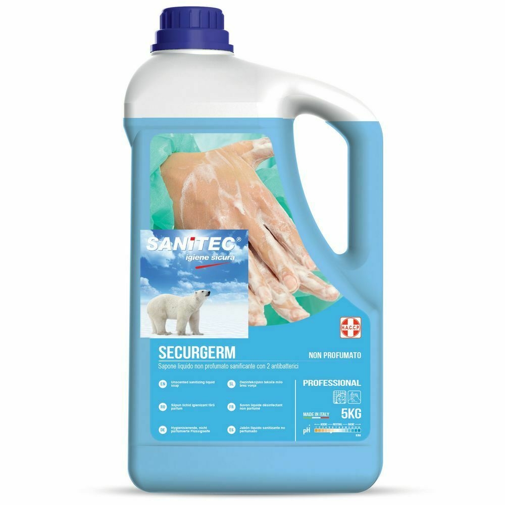 Sapone Sanificante SAN SECURGERM 5 Lt. con 2 antibatterici Clorexidina e Acido lattico PH 5.5