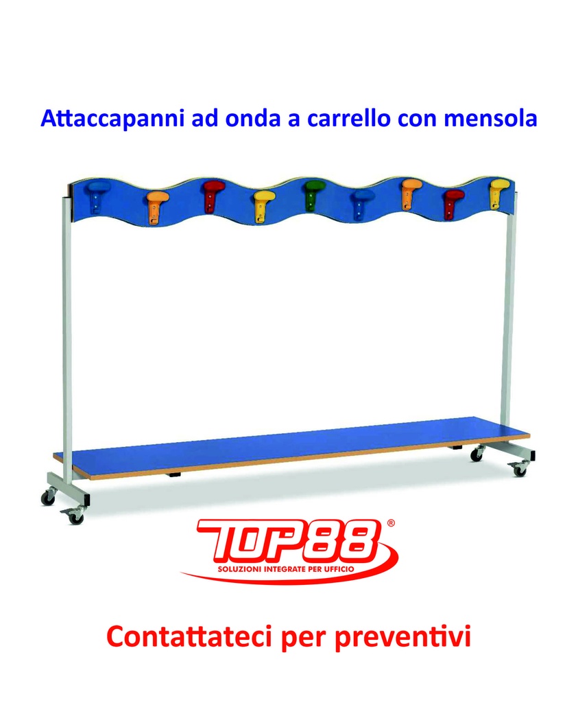 ATTACCAPANNI ad ONDA a CARRELLO con MENSOLA a  18 POSTI - 185x45x115h. vari colori
