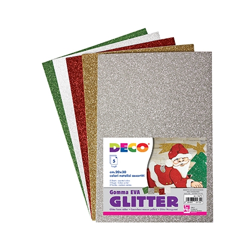 GOMMA CREPP GLITTER - BUSTA 5 FOGLI CM.20X30 - ASSORTIMENTO NATALE (min.ord.12 o multipli)