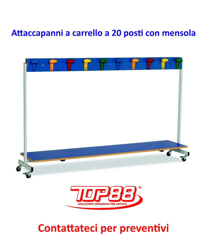 ATTACCAPANNI a CARRELLO 20 Posti con MENSOLA INFANZIA dim. 184x40x110h. vari colori