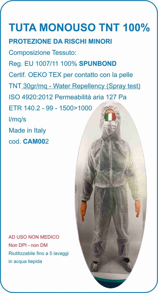 TUTA IGIENICA IN TNT 100% PP MONOUSO Uso generico - Non Medico - Non DPI