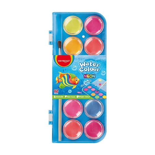 ACQUERELLI FLUO DIAM. MM.28 - SET PZ. 12 CON PENNELLO (min.ord.4 o multipli)