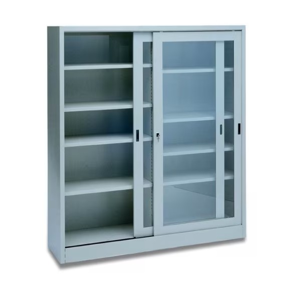 Armadio Metallico ANTE SCORREVOLI VETRO TEMPERATO L180 P45 H200 GRIGIO - 4 Ripiani