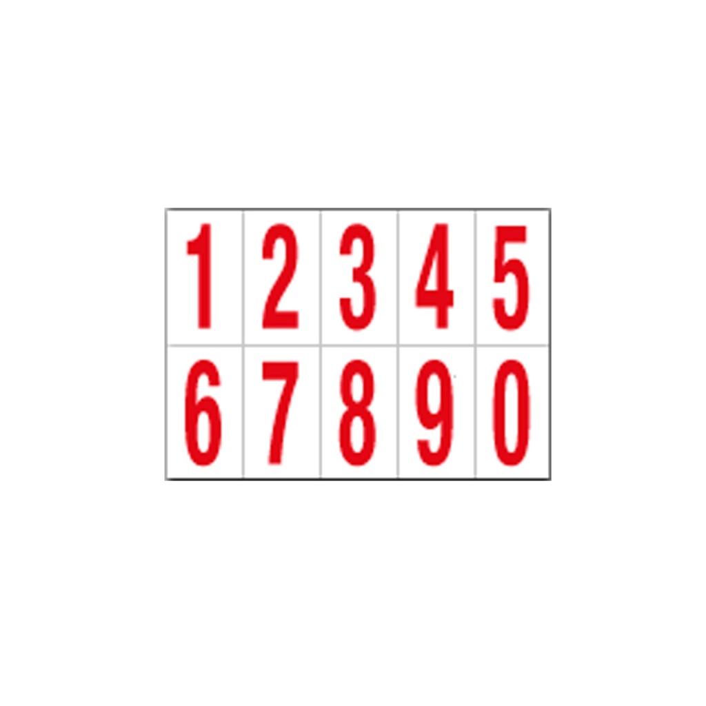 Foglio con 10 numeri autoadesivi da 0 a 9 rosso/bianco 70x124mm