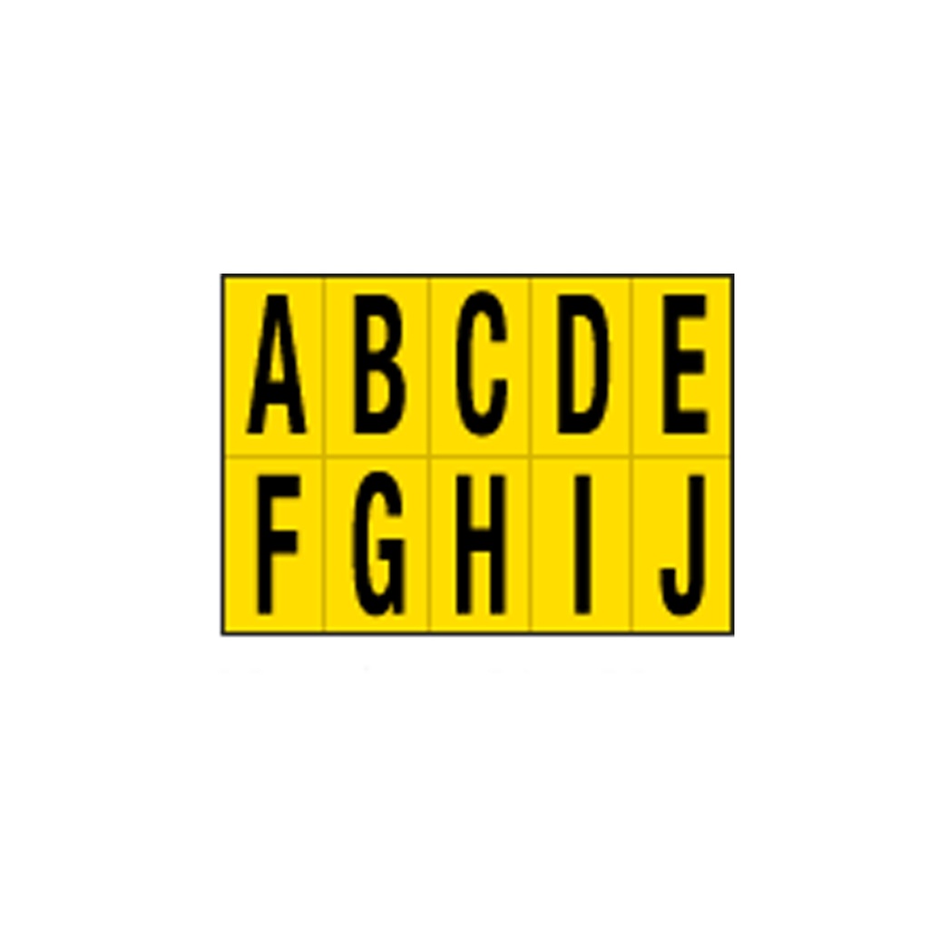 Foglio con 10 lettere autoadesivi da A a J nero/giallo 56x99mm