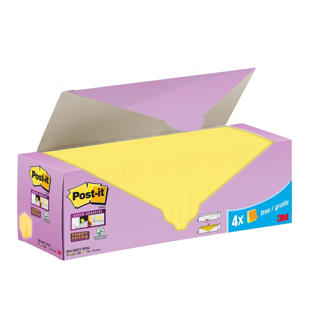 Cf. 20+4pz blocco 90fg.Post-itRSuper Sticky 76x76mm 654-SSCY-VP24 giallo Canary