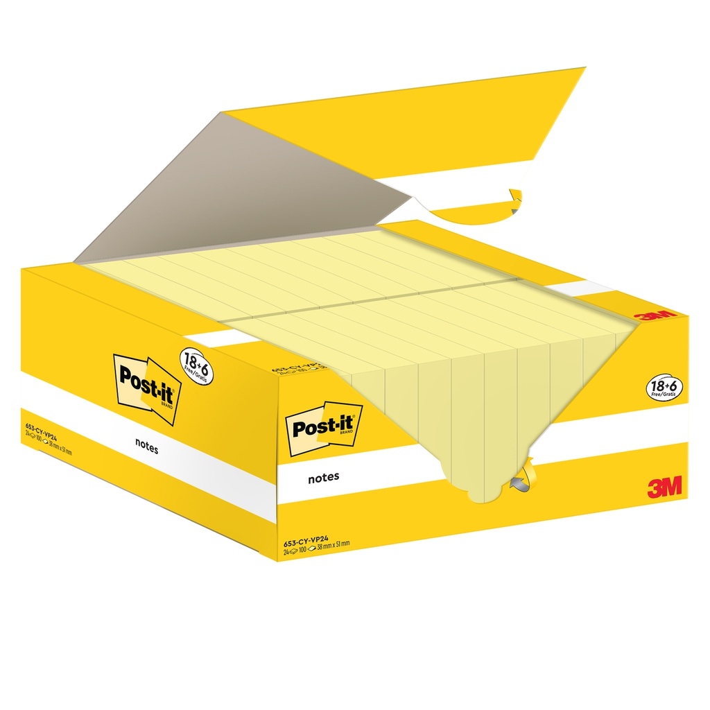 Cf. 18+6pz blocco 100fg.Post-itR Notes 38x51mm 653-CY-VP24 giallo Canary