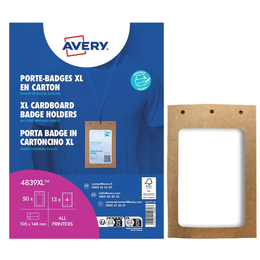 Conf. 50 Porta Badge A6 in cartoncino plastificato,105x148mm, Laser/Inkjet Avery