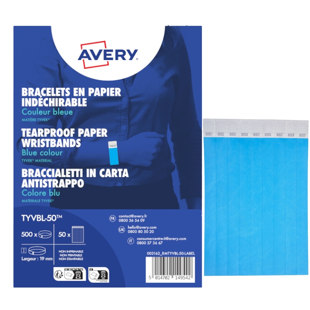 Conf. 500 braccialetti identificativi in TyvekR blu fluo 256x19mm (10et/fg) 50fg