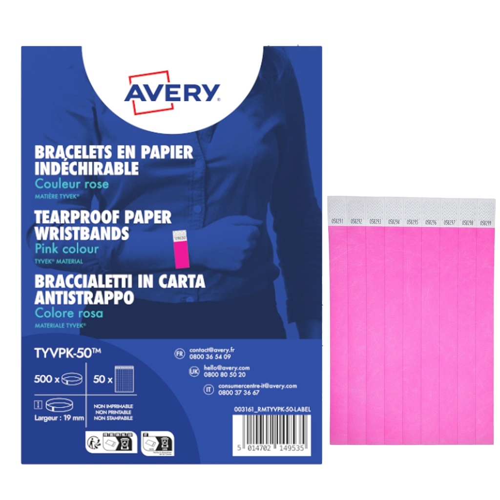 Conf. 500 braccialetti identificativi in TyvekR rosa fluo 256x19mm (10et/fg) 50f