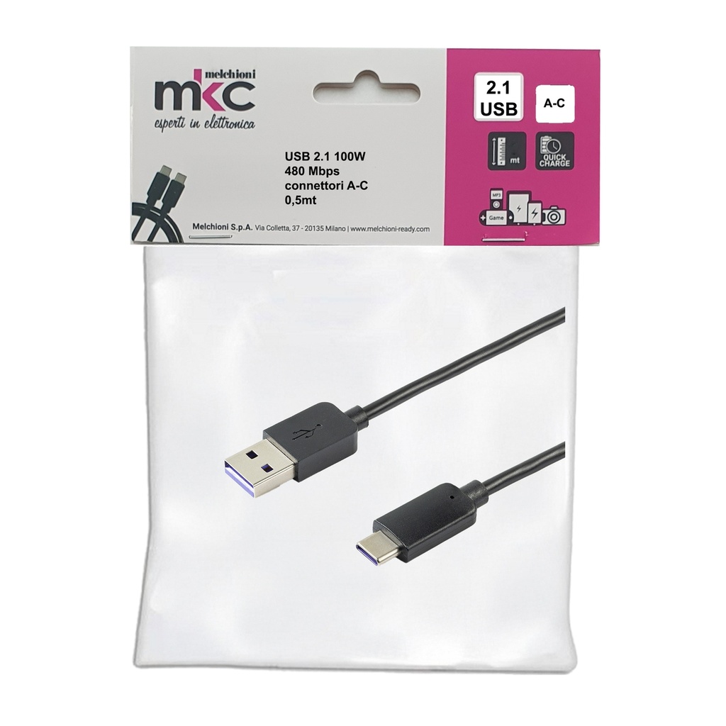 Cavo USB 2.0 100W 480Mbps con connettori A-C - 0,5mt