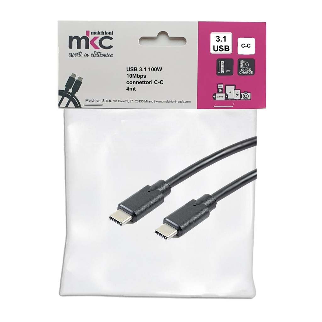 Cavo USB 3.1 100W 10Mbps con connettori C-C - 4mt