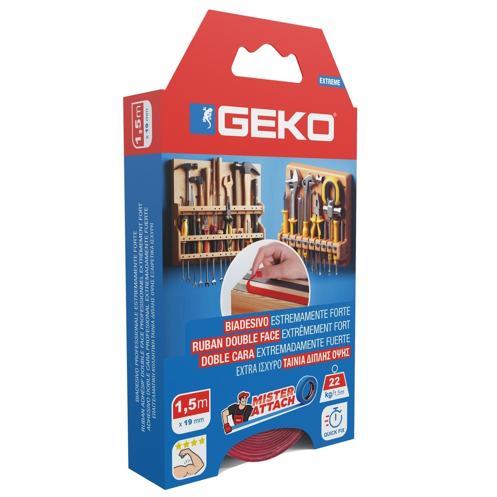 Nastro biadesivo EXTREME Mister Attach 19mmx1,5m grigio/rosso Geko