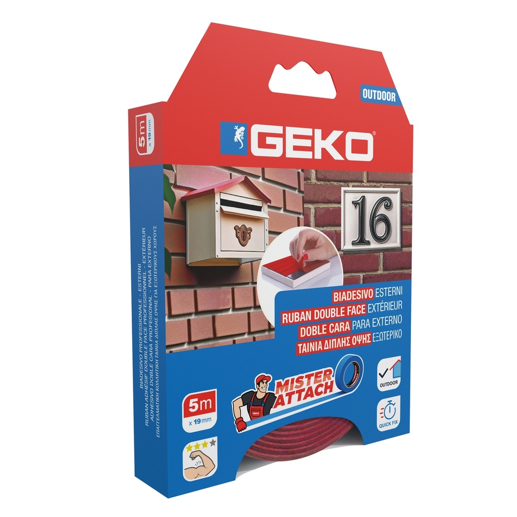 Nastro biadesivo OUTDOOR Mister Attach 19mmx5m grigio/rosso Geko