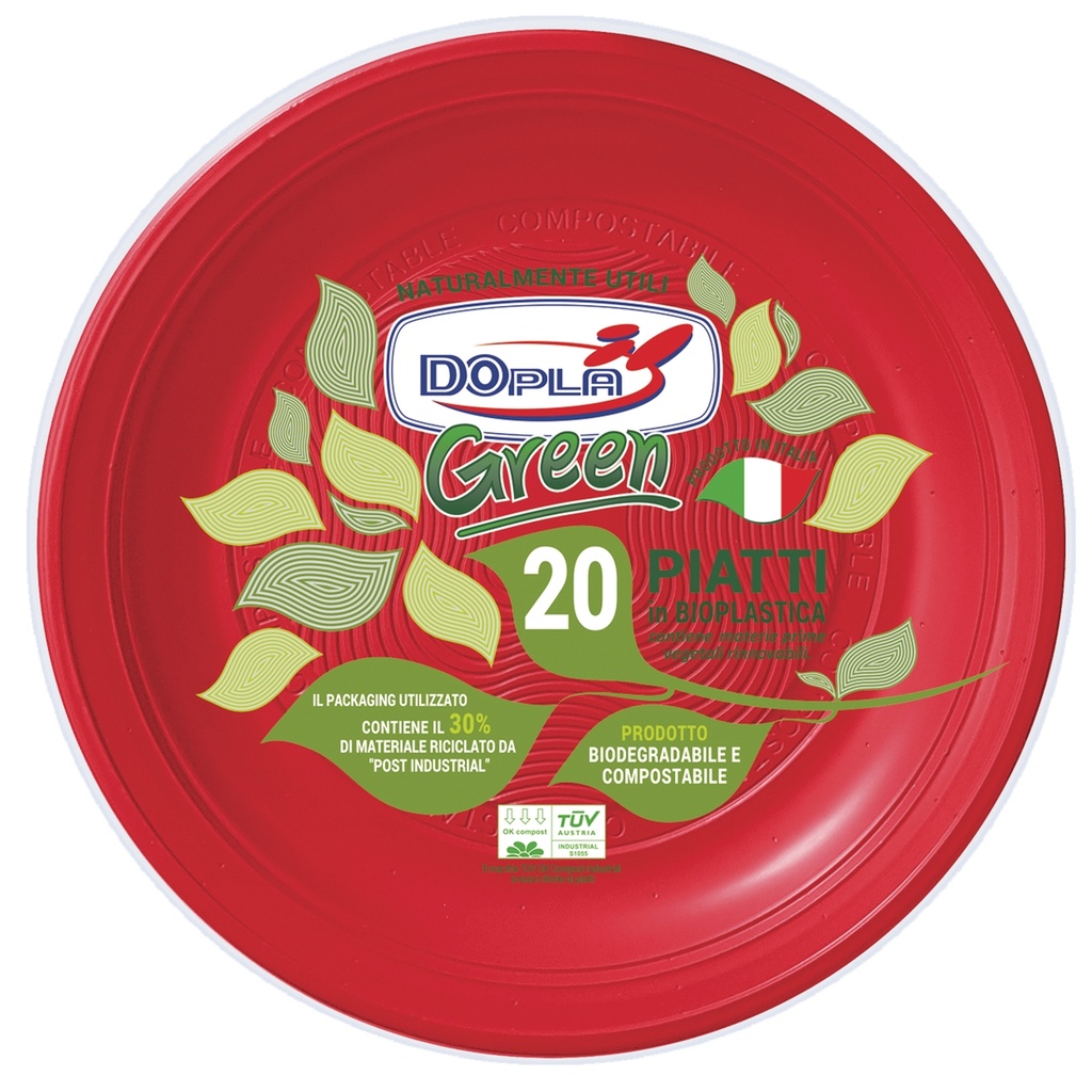 Conf 20 Piatti fondi compostabili D 22cm rosso Dopla