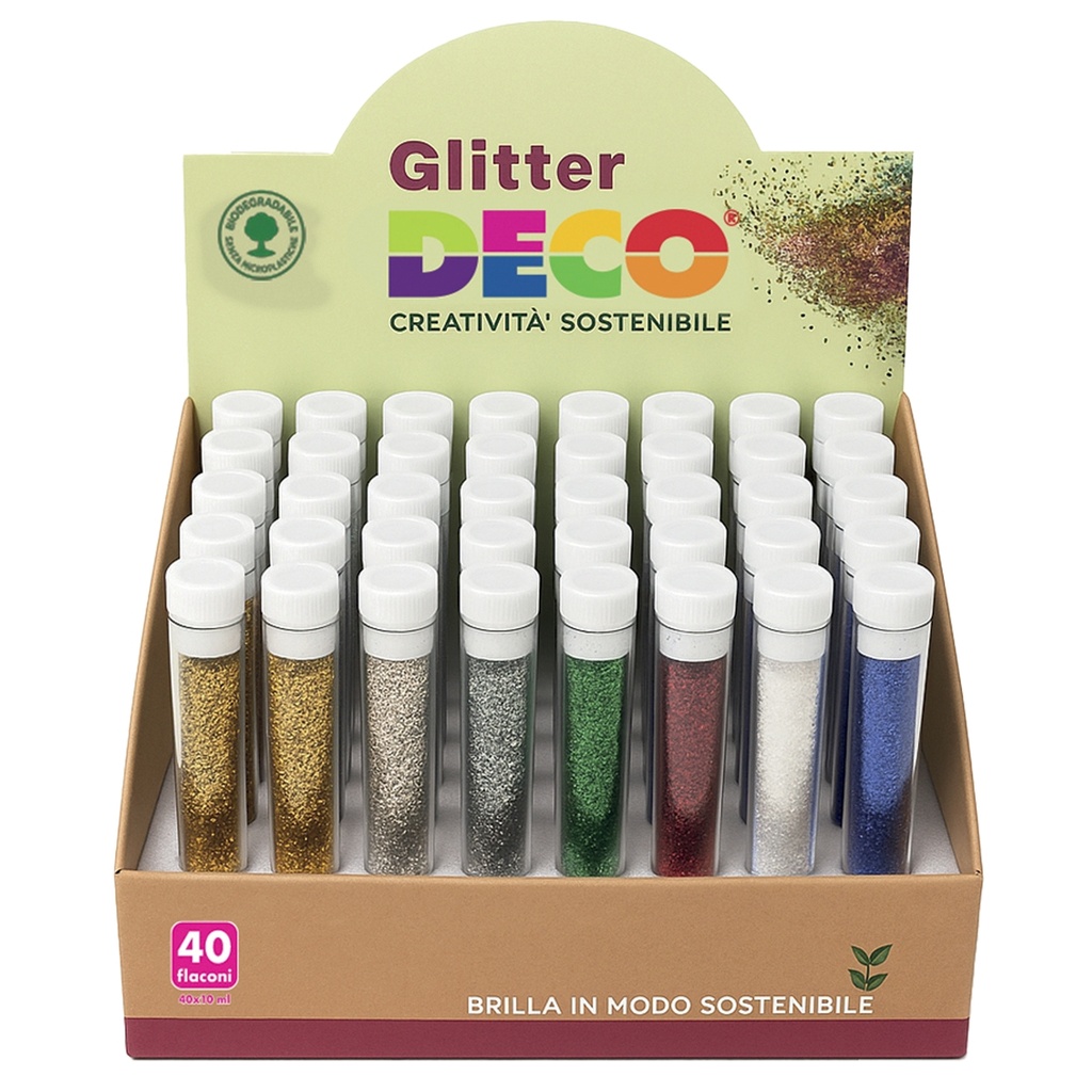 Display 40 flaconi glitter Bio grana fine 10ml colori assortiti Deco