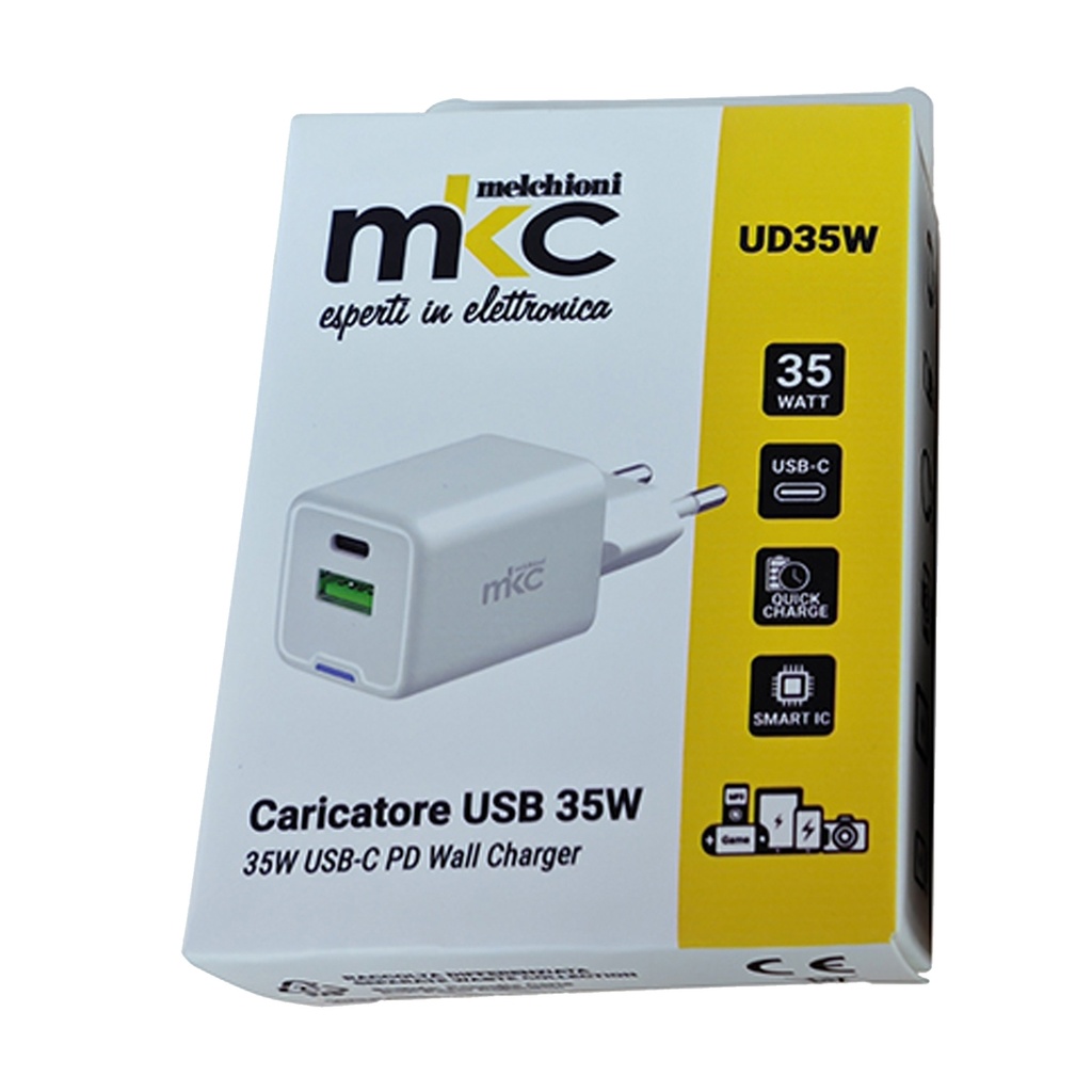 Caricatore USB 35W 1 USB-C+ 1 USB-A Bianco-Mkc