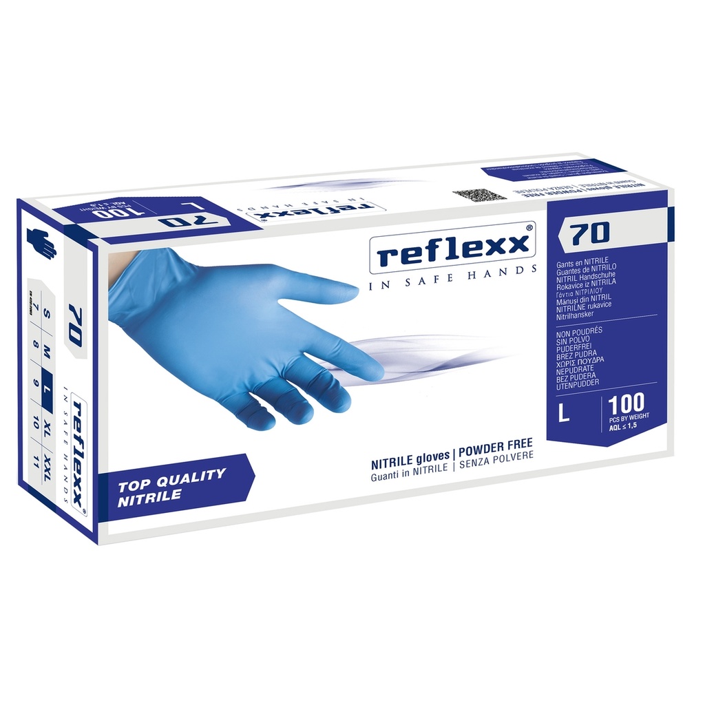 Conf 100 Guanti In Nitrile R70 tg L Senza Polvere azzurro Reflexx