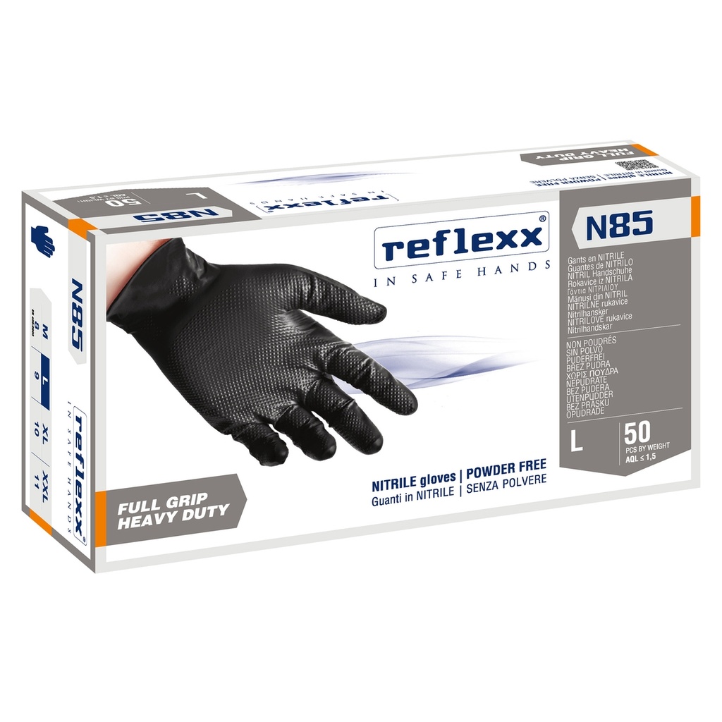 Conf 50 Guanti In Nitrile N85B nero tg L ultra resistenti Reflexx
