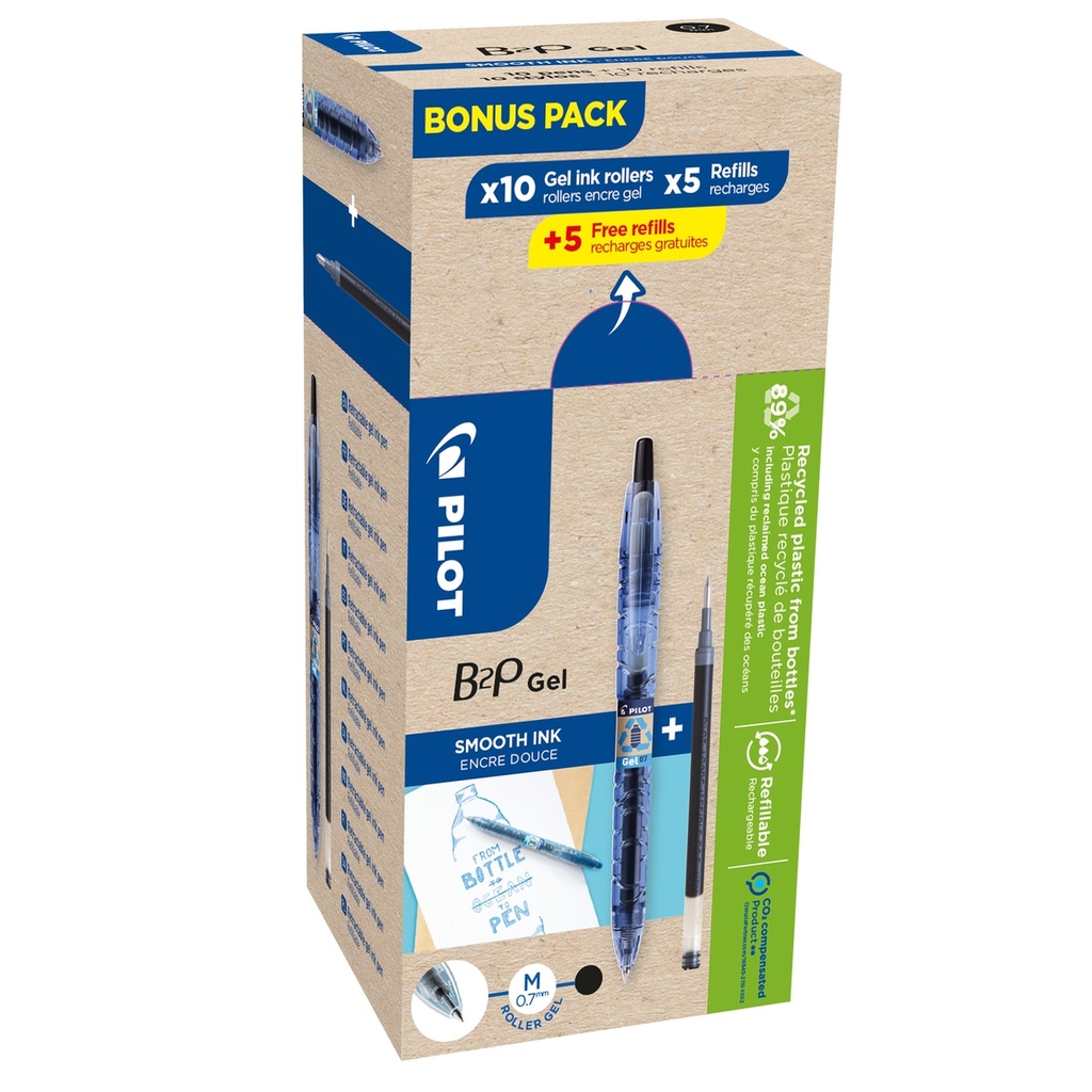 Bonuspack 10 roller +10 refill B2P Gel punta 0.7 mm nero Pilot
