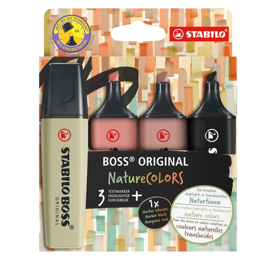Astuccio 4 evidenziatori Stabilo Boss NatureColors (oliva/cacao/siena/nero)