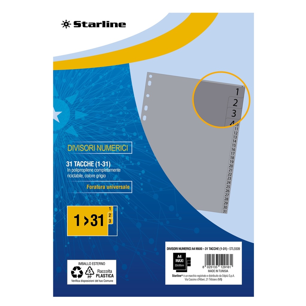 Divisori numerici (1-31) in PP 31 tacche F.to A4 MAXI 24,5x30cm Grigio Starline