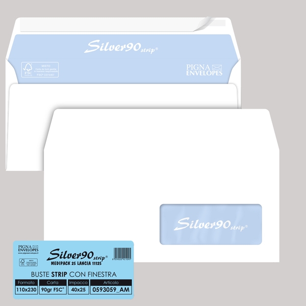 25 buste SILVER90 STRIP FSC(R) bianca internografata c/finestra110x230mm90gr Pigna
