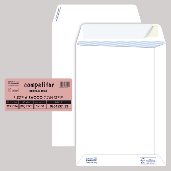 Buste Sacco COMPETITOR pz.100 FSC(R) bianca strip adesivo 230x330mm 80gr Pigna