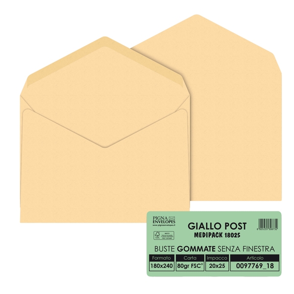 25 buste GIALLO POSTALE gommata carta riciclata FSC(R) 180x240mm 80gr Pigna