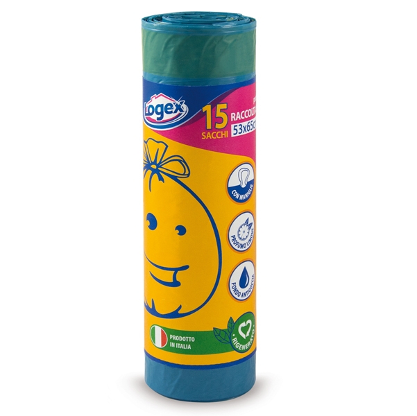 15 Sacchi immondizia 53x65cm 43Lt 25µ Blu con maniglie