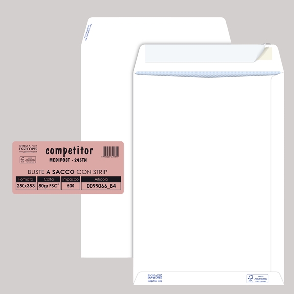 500 buste sacco COMPETITOR FSC(R) bianca strip adesivo 250x353mm 80gr Pigna