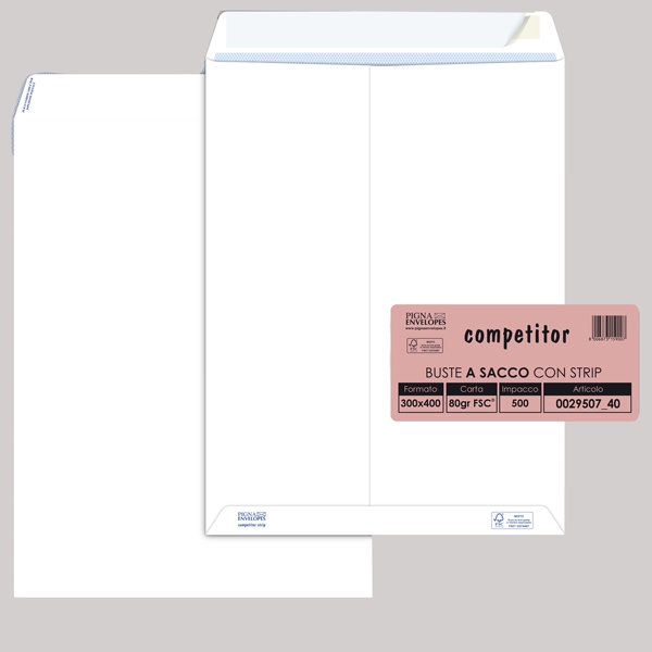 500 buste sacco COMPETITOR FSC(R) bianca strip adesivo 300x400mm 80gr Pigna