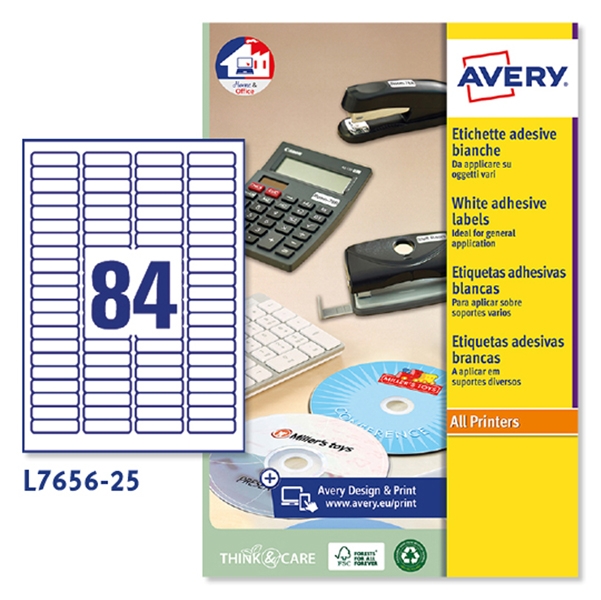 Etichette adesive L7656 bianche 25fg A4 46x11,1mm (84et/fg) inkjet/laser Avery