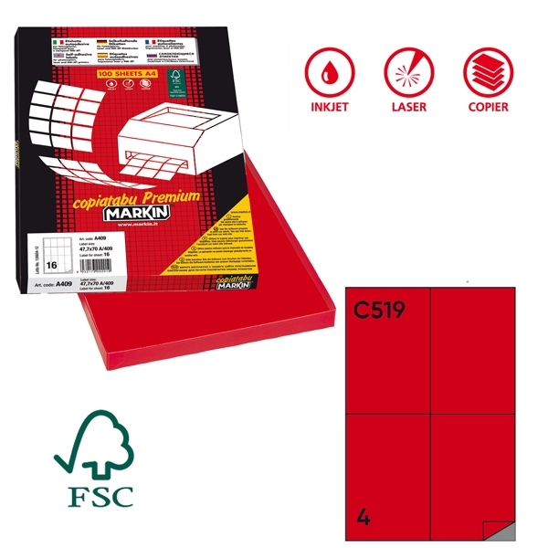 Etichetta adesiva C/519 rosso 100fg A4 105x148,5mm (4et/fg) Markin
