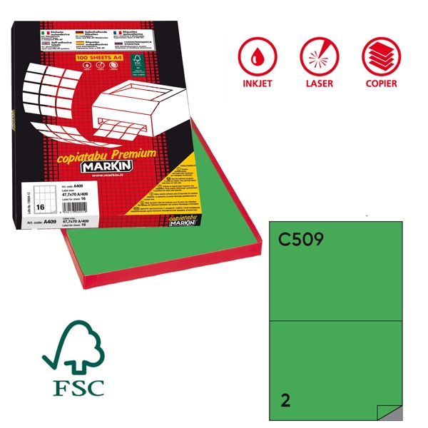Etichetta adesiva C/509 verde 100fg A4 210x148mm (2et/fg) Markin