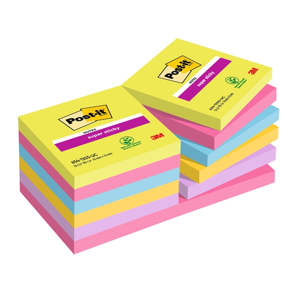 BLOCCO 90foglietti Post-it(R) Super Sticky 76x76mm ULTRACOLOR 654-12SSUCC