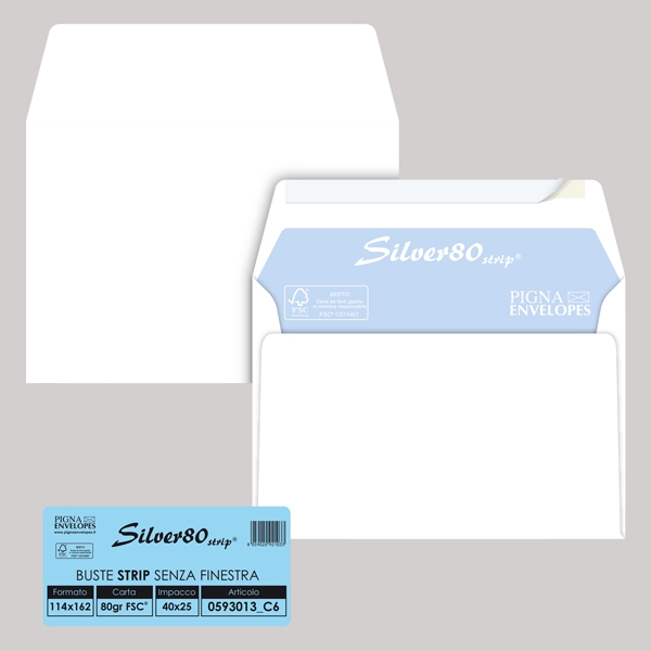 25 busteSILVER80 STRIP FSC(R)bianca internografata s/finestra114x162mm80gr Pigna