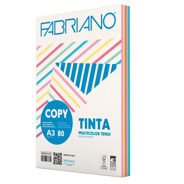 CARTA COPY TINTA MULTICOLOR A3 80gr 250fg mix 5 colori tenui FABRIANO