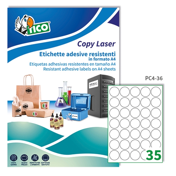 Poliestere adesivo PC4 trasparente 100fg A4 diam.36mm (35et/fg) laser Tico