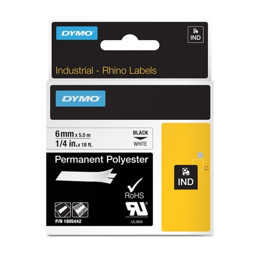 [D72186] NASTRO POLIESTERE PERMANENTE 12mm x 5.5mt nero su bianco 18483 RHINO