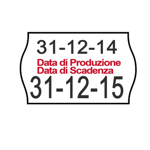[D74908] PACK 10 ROTOLI 1000 ETICH. 26x16mm ONDA "data produz..." BIANCO PERM. Printex