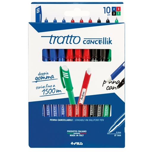 [D80150] Astuccio 10 penne sfera cancellabile CANCELLIK 1,0mm ass. ro/bl/ne/ve TRATTO