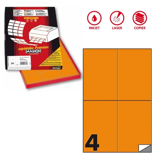 [D80181] Etichetta adesiva C/519 arancio fluo 100fg A4 105x148,5mm (4et/fg) Markin